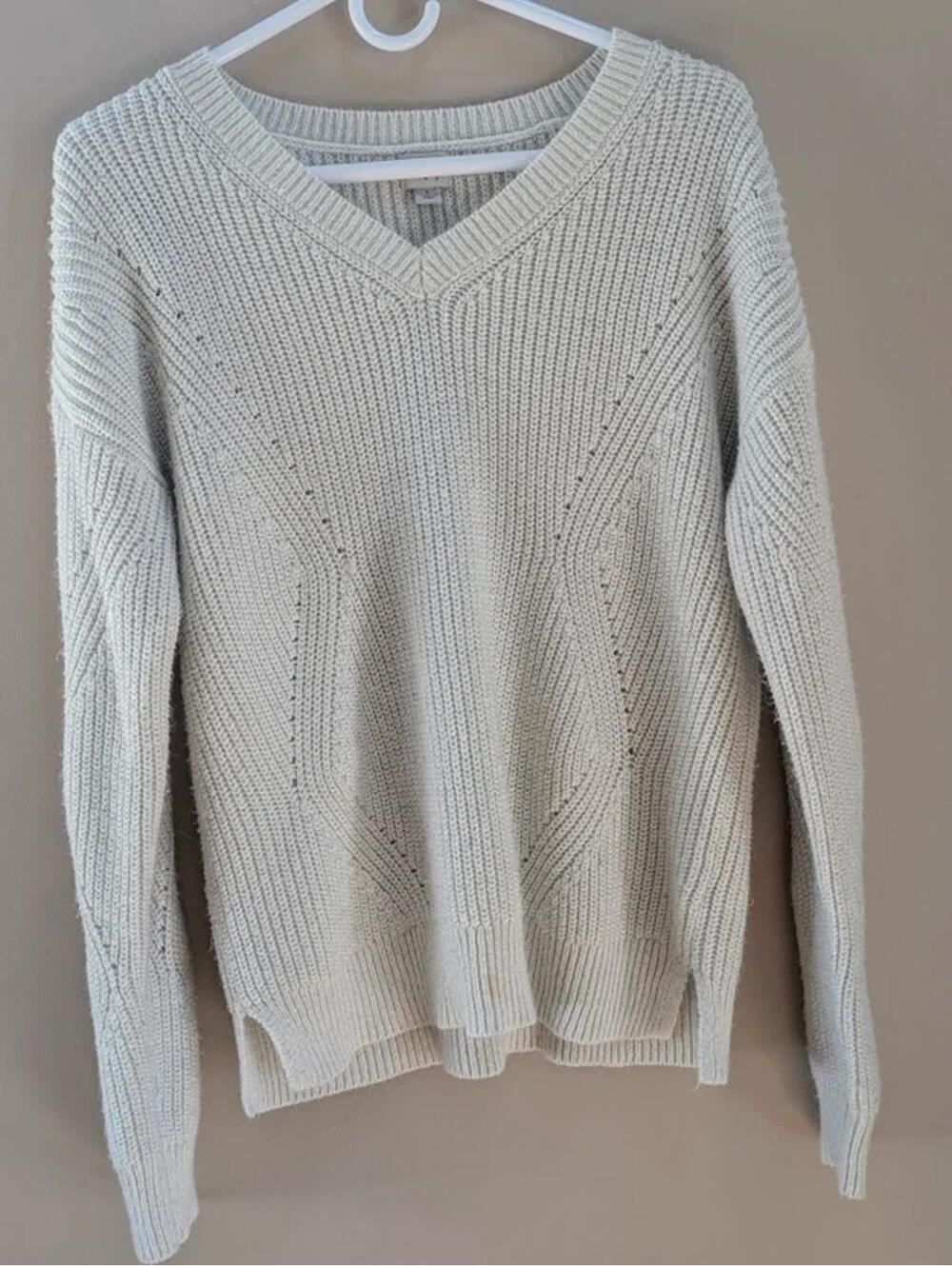 Cream Chunky Knit V-Neck Sweater, Oversized Cozy Neutral Pullover